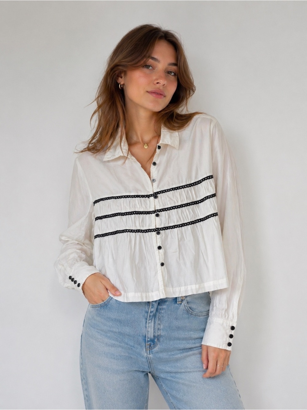 Free People Prairie‎ Cottagecore Cropped Blouse XS White Lace Trim Peplum Top